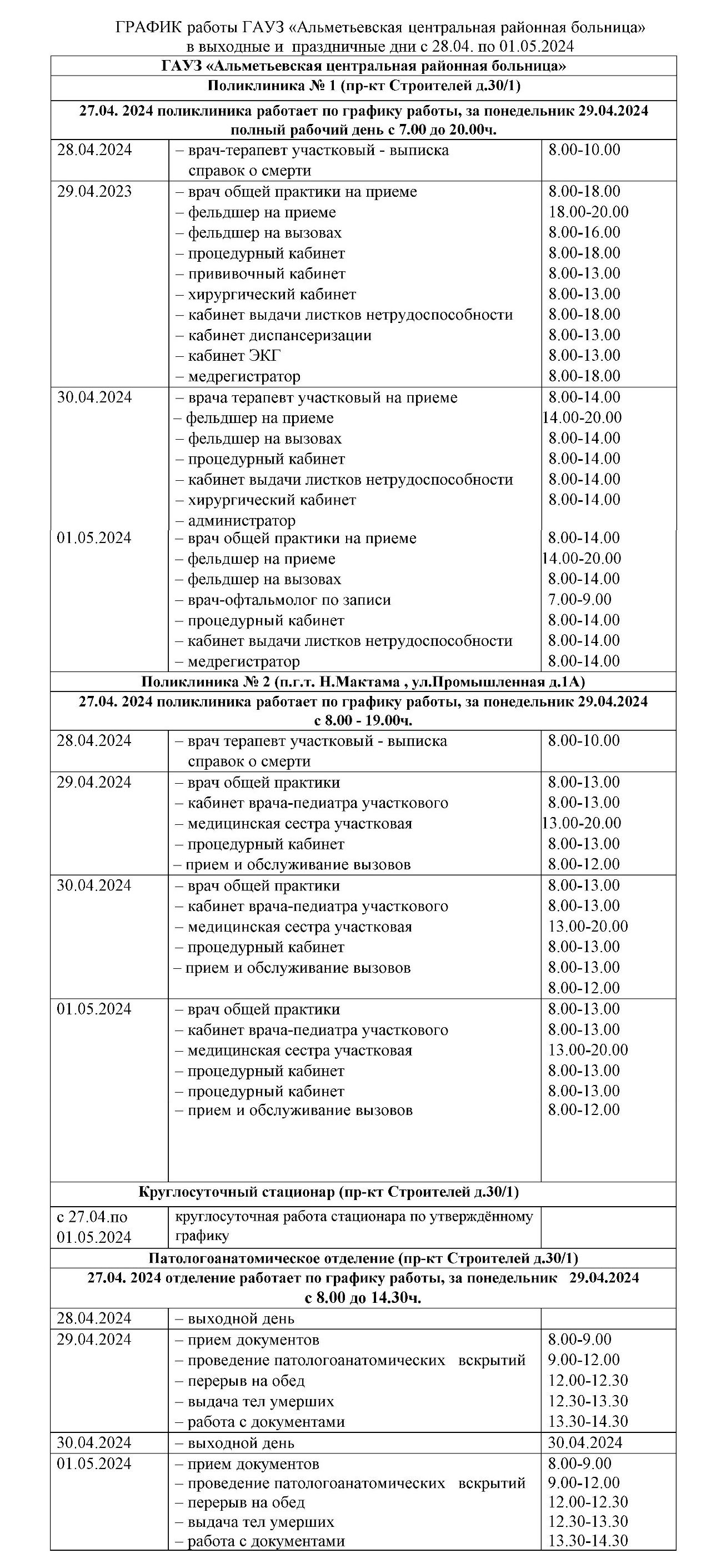 График работы медучреждений в Альметьевске с 28 апреля по 1 мая