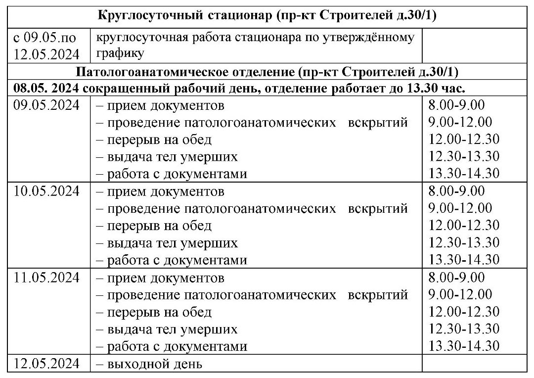 График работы медучреждений Альметьевска с 9 по 12 мая