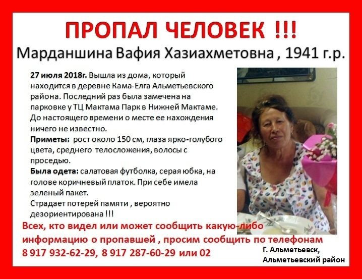 Поиски пропавшей 77-летней женщины идут в Альметьевском районе